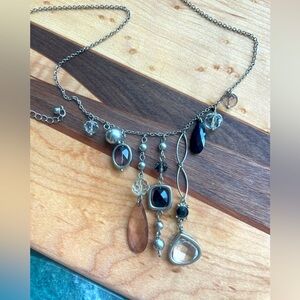 Vintage Asymmetrical Silver Tone Necklace with Glass Crystal Bead Dangles